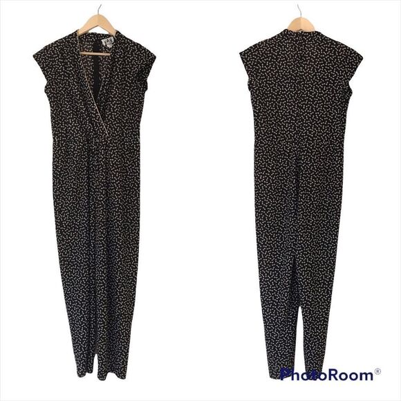 Vintage Pants - VINTAGE 80s 90s Jumpsuit Short Sleeve Bow Tie Print‎ V-Neck Tapered Leg Black